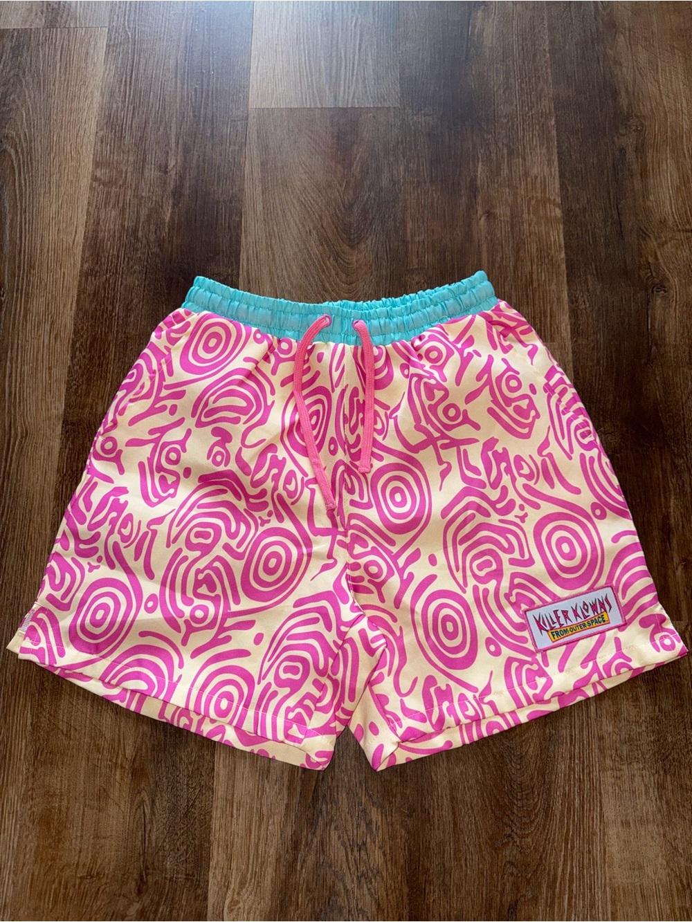 Killer Klowns Pink Swirl Swim Shorts with Aqua Waistband